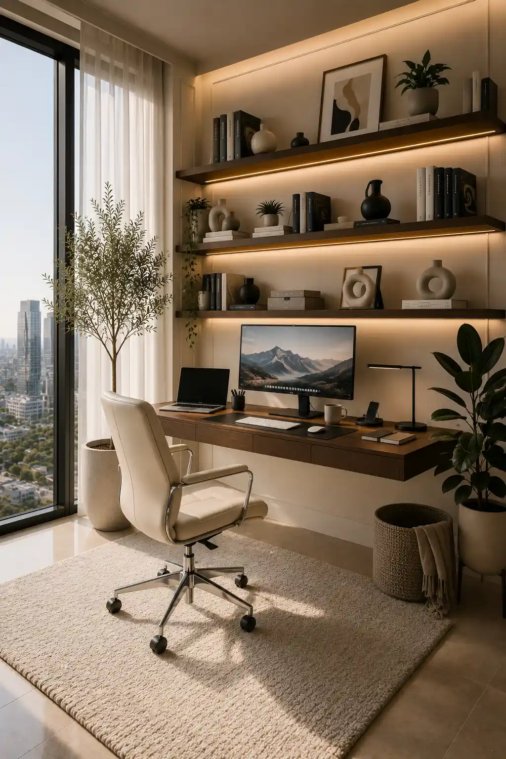 Beautiful small home office ideas with warm LED floating shelves, wooden floating desk, ergonomic office chair, decorative shelving, natural daylight, modern desk setup, indoor plants, cozy office lighting, luxury workspace inspiration, contemporary home office décor.