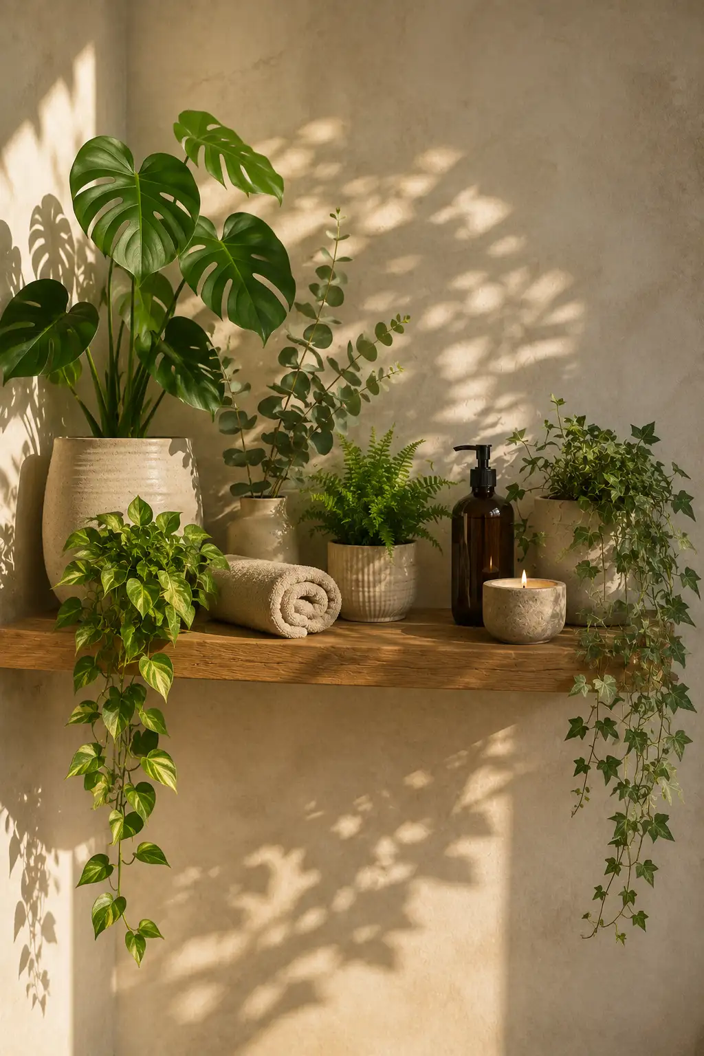 Wooden floating bathroom shelf decorated with Monstera plant, pothos vines, eucalyptus, fern, amber soap bottle, rolled towel, stone candle, spa inspired bathroom décor, indoor plant styling, luxury small bathroom makeover ideas.