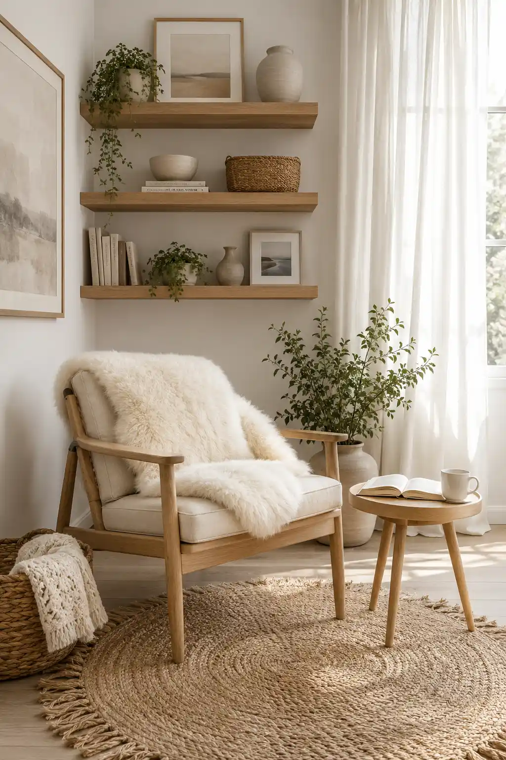 Scandinavian reading chair corner with light oak accent chair, faux fur throw, woven jute rug, floating wood shelves, neutral decor, indoor plants, and bright minimalist reading nook inspiration.