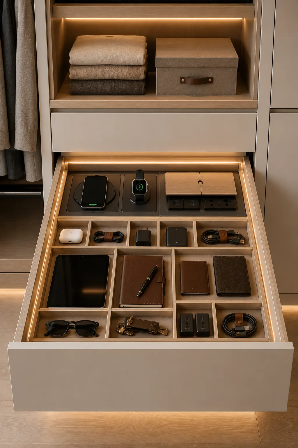 Smart charging drawer inside a luxury custom closet featuring wireless charging station, organized phone storage, smartwatch dock, earbuds, power bank, hidden cable management, premium drawer organizers, warm LED lighting, and modern small closet organization ideas for everyday essentials.