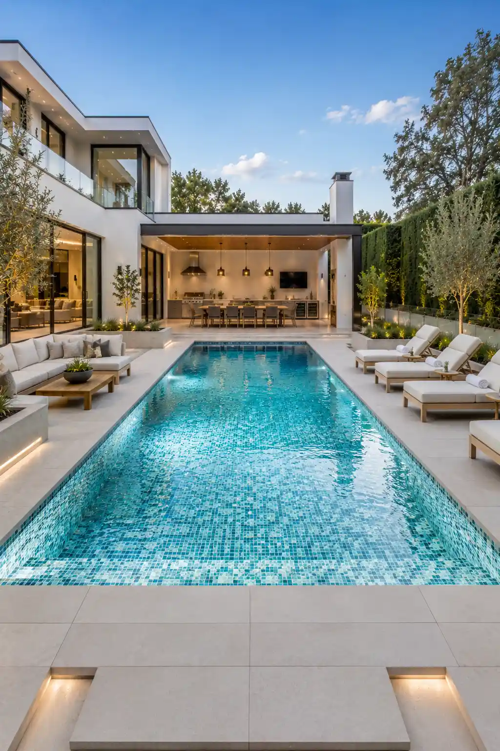 Luxury glass mosaic backyard pool featuring shimmering blue tile finish, premium outdoor lounge furniture, covered entertainment area, porcelain pavers, contemporary white home, landscaped garden, and elegant resort style outdoor living space.