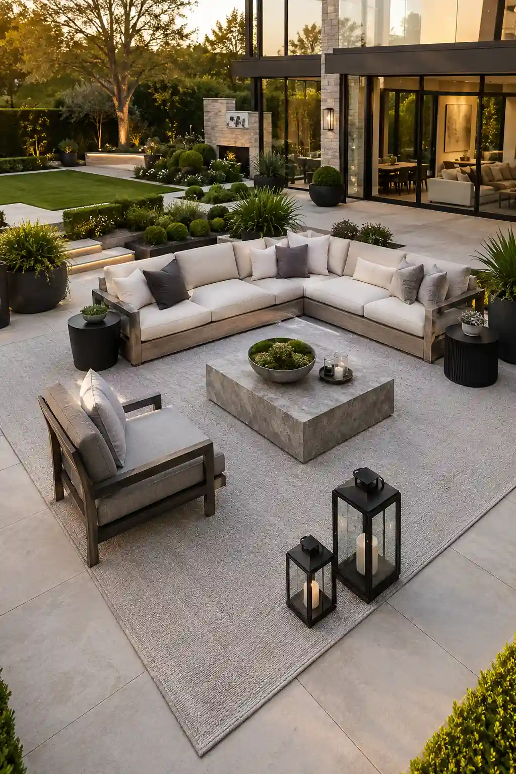 Modern luxury backyard patio featuring a soft gray outdoor rug beneath a wood frame sectional with cream cushions, oversized stone coffee table, black lanterns, manicured landscaping, elegant planters, porcelain patio flooring, warm landscape lighting, and a sophisticated contemporary outdoor seating area.