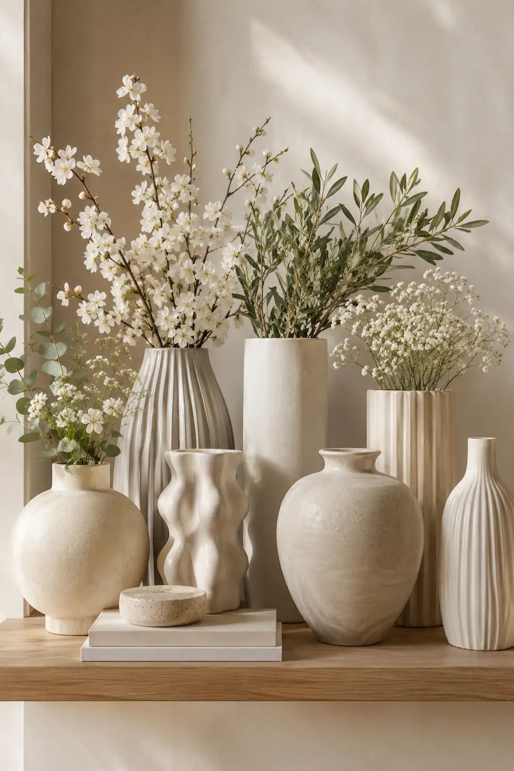 Designer floating shelves styled with handcrafted ceramic vases, white cherry blossom branches, eucalyptus stems, stacked coffee table books, and natural stone decor creating elegant spring shelf styling with soft daylight.