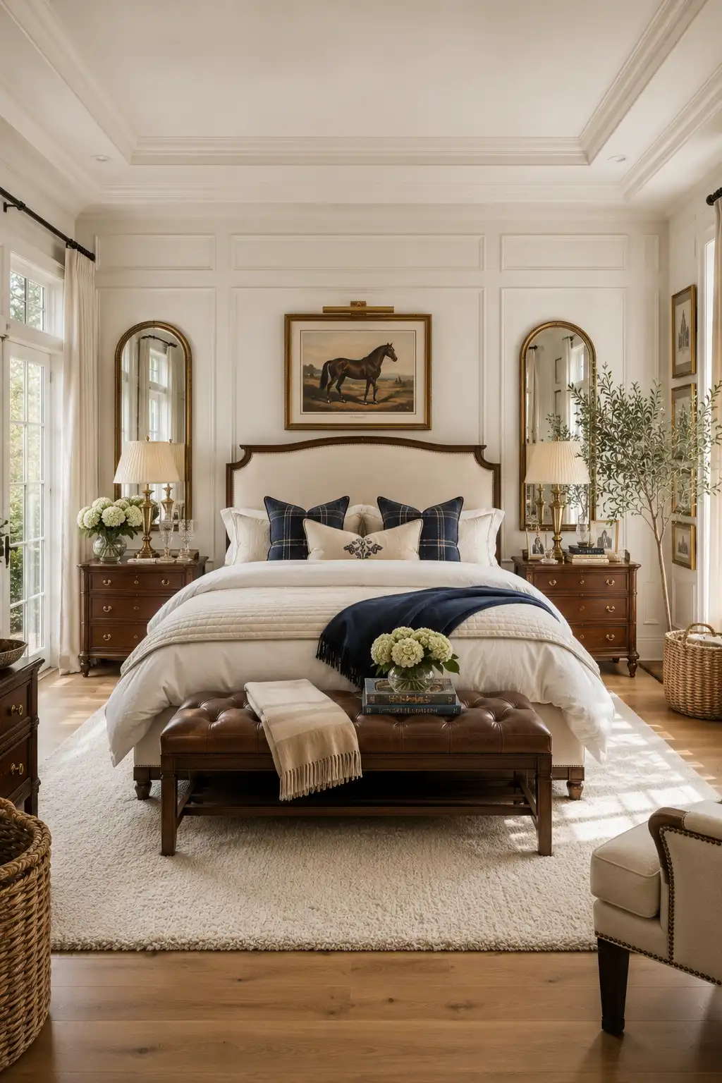 Classic Ralph Lauren bedroom with an upholstered cream bed, layered white bedding, navy plaid pillows, walnut nightstands, antique brass lamps, gold framed mirrors, elegant wall molding, leather bench, fresh flowers, neutral rug, hardwood flooring, and timeless luxury bedroom decor inspiration.
