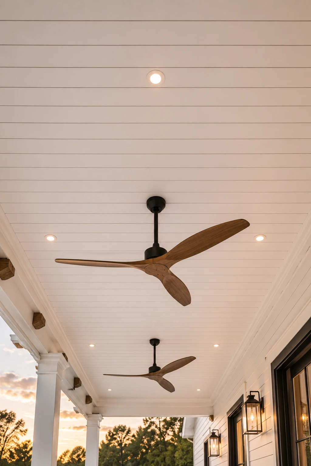 Outdoor white shiplap porch ceiling with modern wood ceiling fans, recessed lighting, black wall lanterns, covered patio ceiling, elegant exterior living space, luxury farmhouse porch inspiration, classic white ceiling planks, premium outdoor ceiling design, timeless covered veranda shiplap ceiling ideas