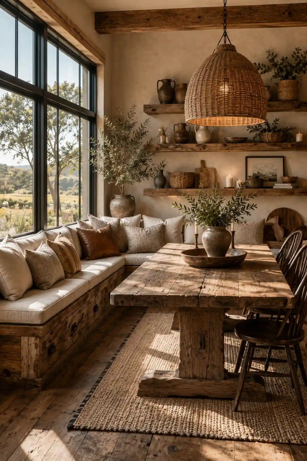 Rustic reclaimed wood banquette seating with farmhouse dining table, floating wood shelves, woven pendant light, exposed wood beams, cozy dining nook, built in bench seating, natural wood dining room, rustic farmhouse breakfast nook, timeless banquette inspiration.
