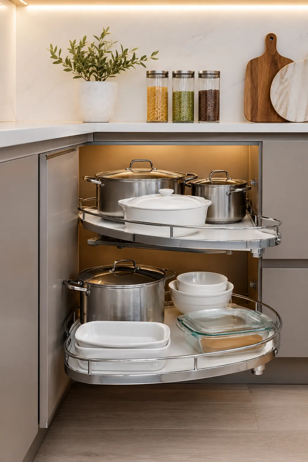 Modern Lazy Susan kitchen corner cabinet featuring rotating circular shelves filled with stock pots, Dutch ovens, casserole dishes, cookware, baking dishes, and mixing bowls. Contemporary kitchen with premium cabinetry, smooth rotating storage, and space saving corner cabinet organization.