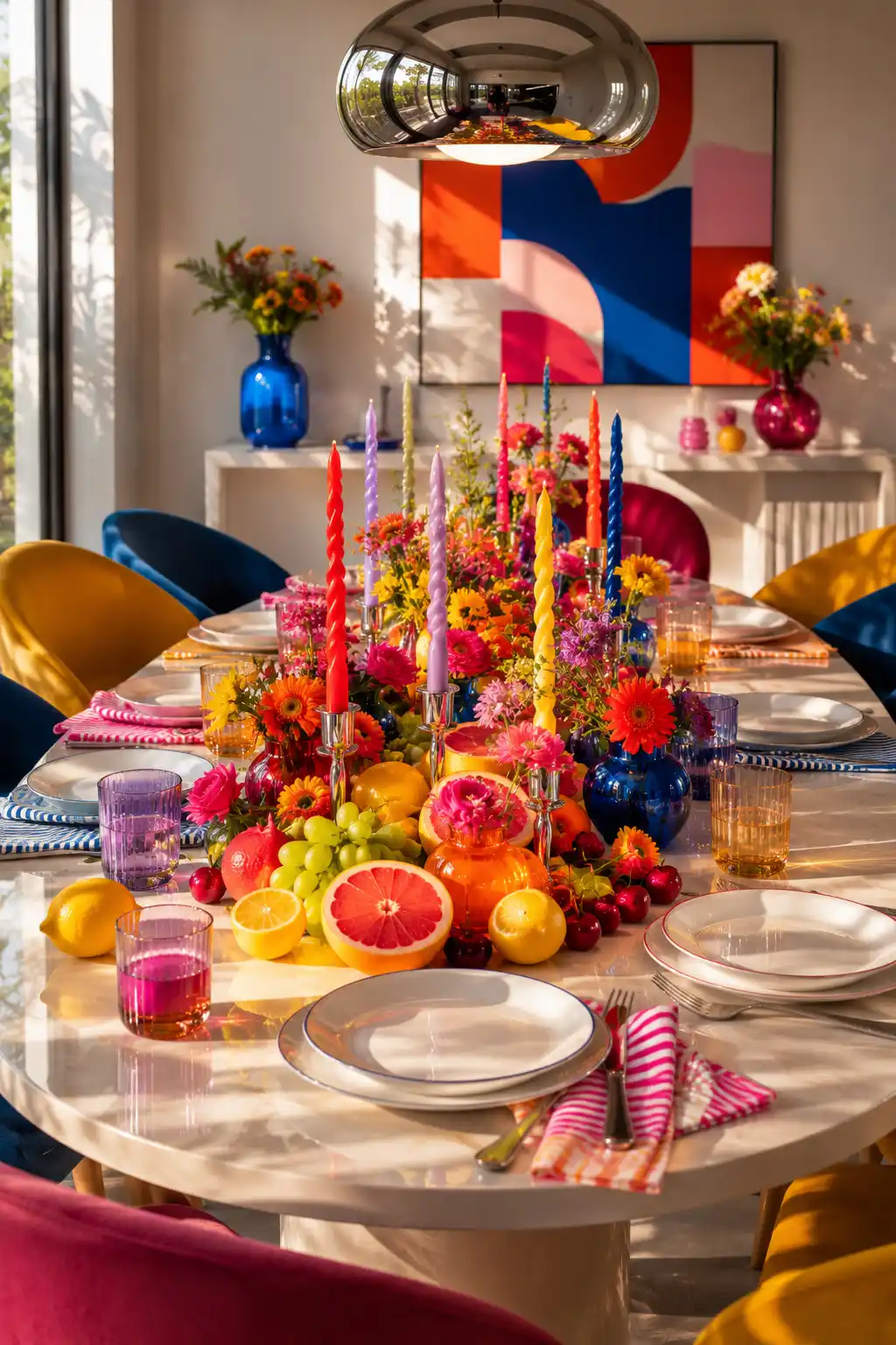 Vibrant modern dining table decorated with fresh seasonal flowers, lemons, grapefruit, grapes, cherries, colorful twisted taper candles, tinted drinking glasses, striped napkins, and bold tableware for a cheerful seasonal gathering.