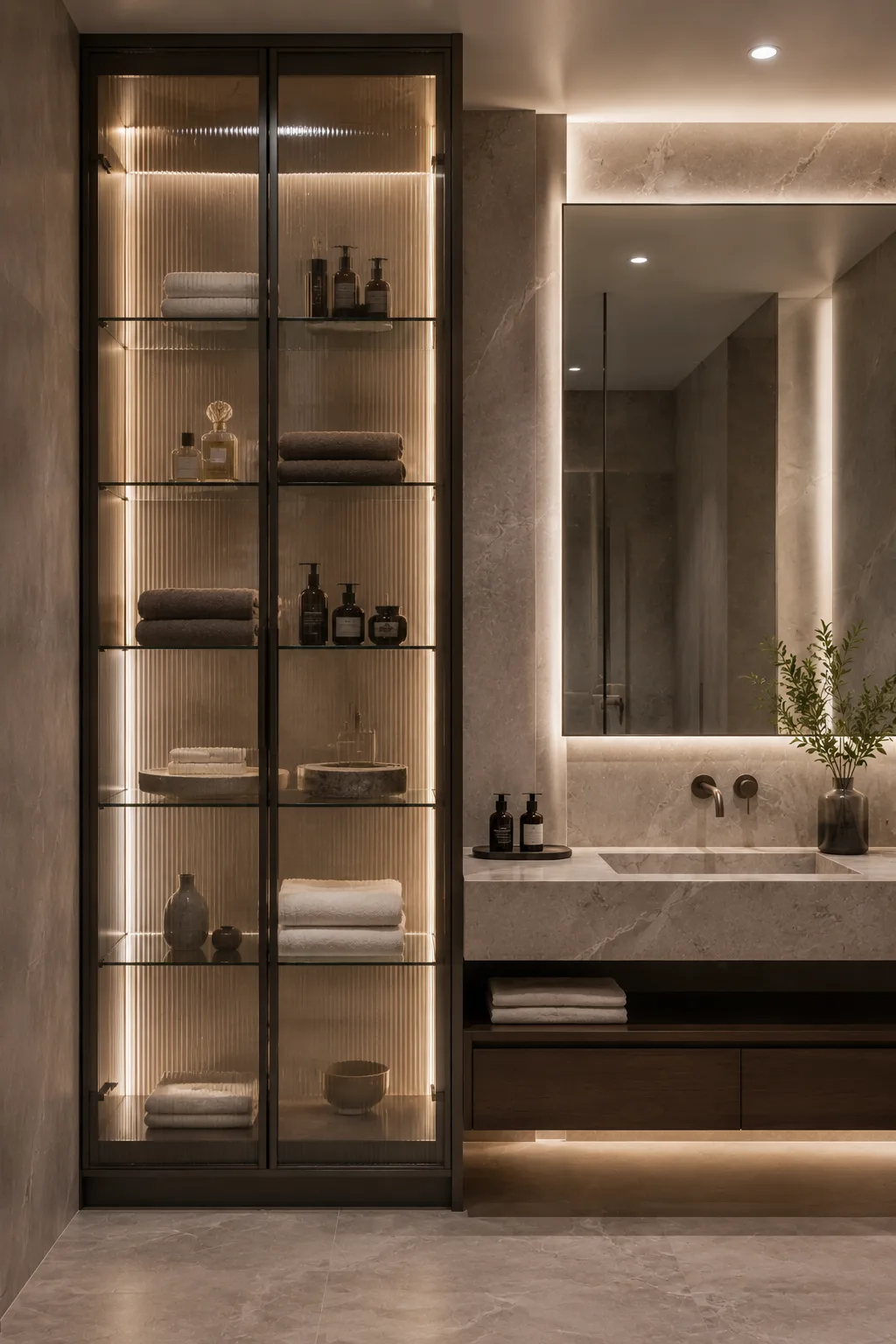 Modern luxury bathroom featuring a tall fluted glass storage cabinet with illuminated glass shelves, neatly folded towels, perfume bottles, skincare products, ceramic decor, and organized bathroom essentials.