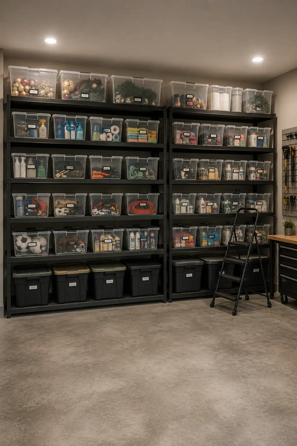Organized garage storage area featuring large black metal shelving units filled with clear stackable storage bins for holiday decorations, cleaning products, sports gear, cords, tools, craft supplies, and household essentials. Large dark storage totes sit on the lower shelves while a rolling step ladder provides easy access to higher garage storage.
