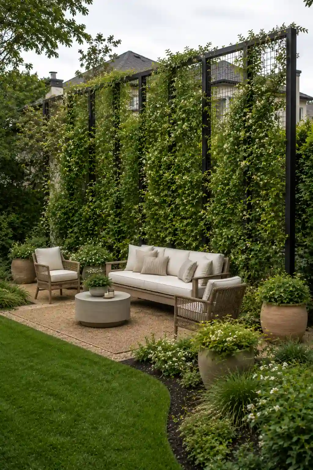 Lush backyard living wall created with tall black metal trellises covered in dense climbing vines, providing natural privacy behind a cozy outdoor sofa, woven chairs, large planters, and curved lawn landscaping.