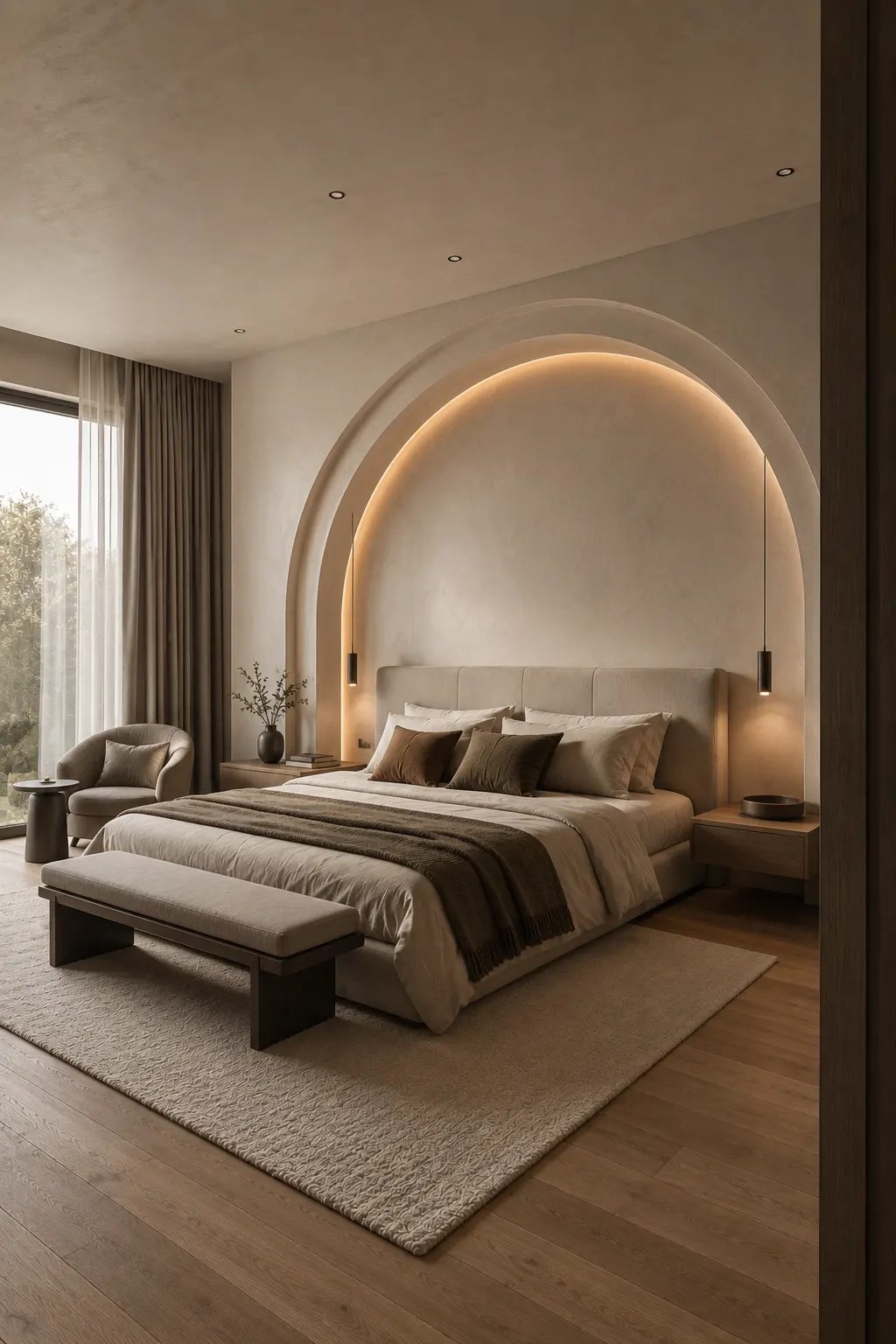 Warm contemporary bedroom featuring a large architectural arch niche framing the bed, soft hidden lighting around the curved wall detail, an upholstered headboard, layered neutral bedding, floating wood nightstands, pendant lights, and modern bedroom decor.