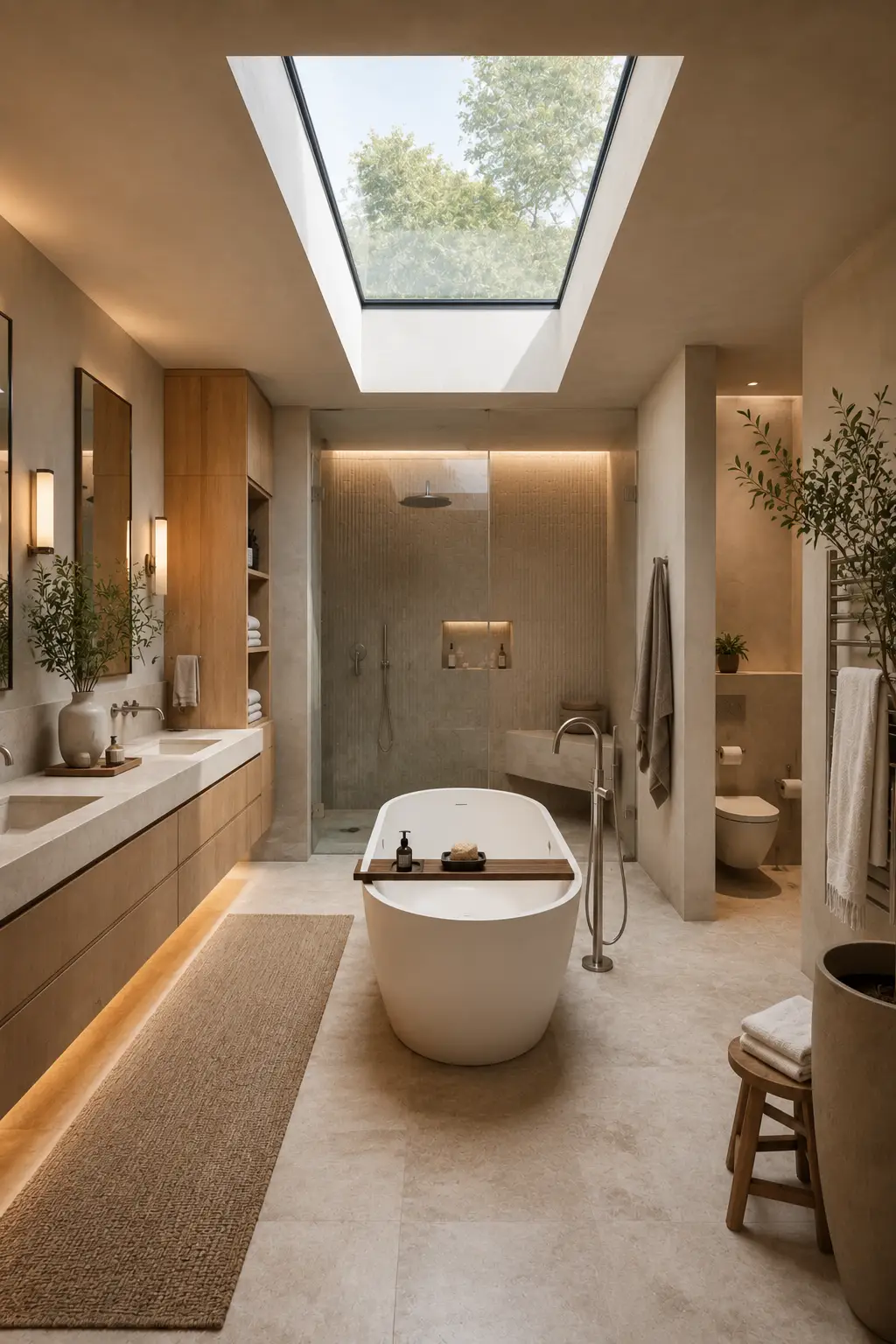 Skylight wellness bathroom featuring a sculptural freestanding tub directly beneath a large architectural skylight, glass walk in rain shower, long floating double vanity, separate toilet alcove, warm wood cabinetry, natural stone flooring, soft ambient lighting, and subtle greenery.