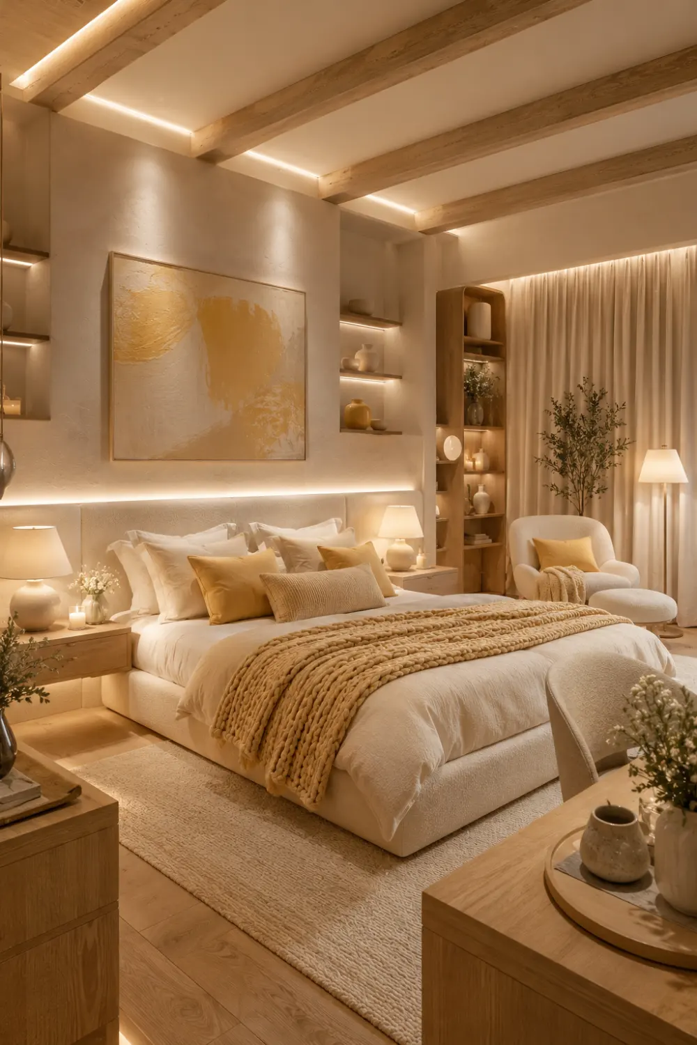Bright butter yellow bedroom featuring warm white bedding, light oak furniture, Scandinavian bedroom decor, cozy neutral interior, soft yellow bedroom ideas, modern luxury bedroom, layered bedding inspiration, minimalist bedroom styling, elegant home decor, inviting bedroom color palette.