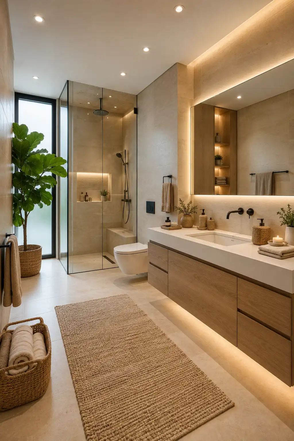 Modern travertine look family bathroom with floating oak vanity, oversized illuminated mirror, frameless glass shower, warm beige porcelain tiles, built in wall niches, hidden LED lighting, natural décor, and luxury residential bathroom inspiration.