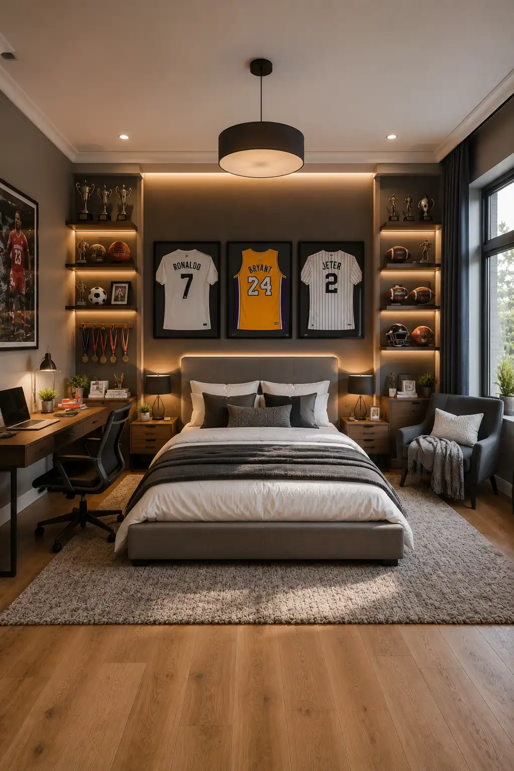 Modern sports themed teen bedroom featuring framed jerseys, trophy display shelves, football and basketball decor, cozy upholstered bed, study desk, warm LED lighting, neutral furniture, and stylish sports fan bedroom inspiration.