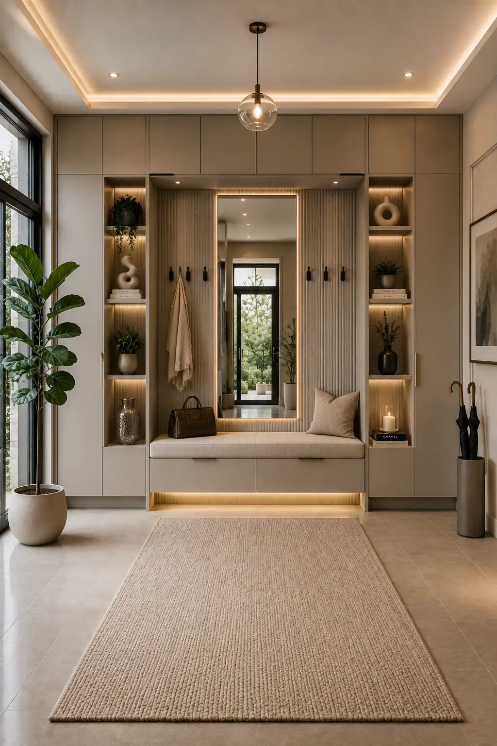 Modern greige entryway storage wall with built in cabinets, floating bench, concealed shoe drawers, full height mirror, illuminated display shelves, matte black coat hooks, porcelain flooring, and contemporary home organization ideas.