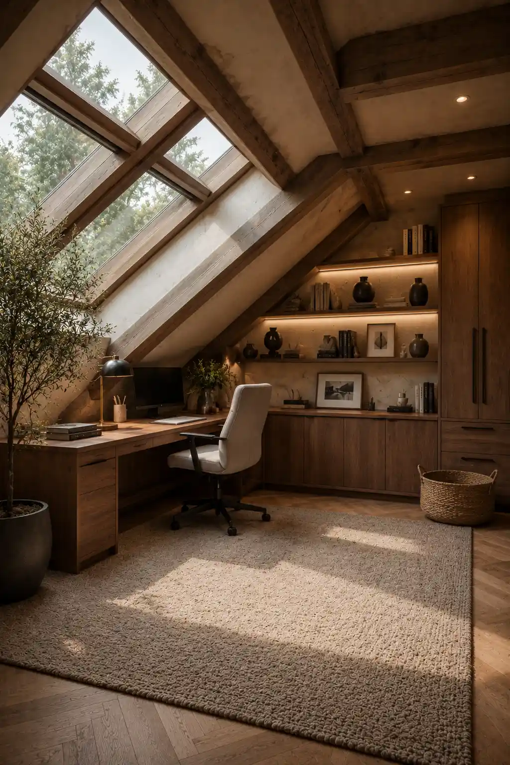 Luxury attic home office with sloped ceilings, exposed wooden beams, custom built in desk, skylights, floor to ceiling cabinetry, ergonomic chair, warm wood flooring, indoor plants, and a bright workspace designed for attic conversions.