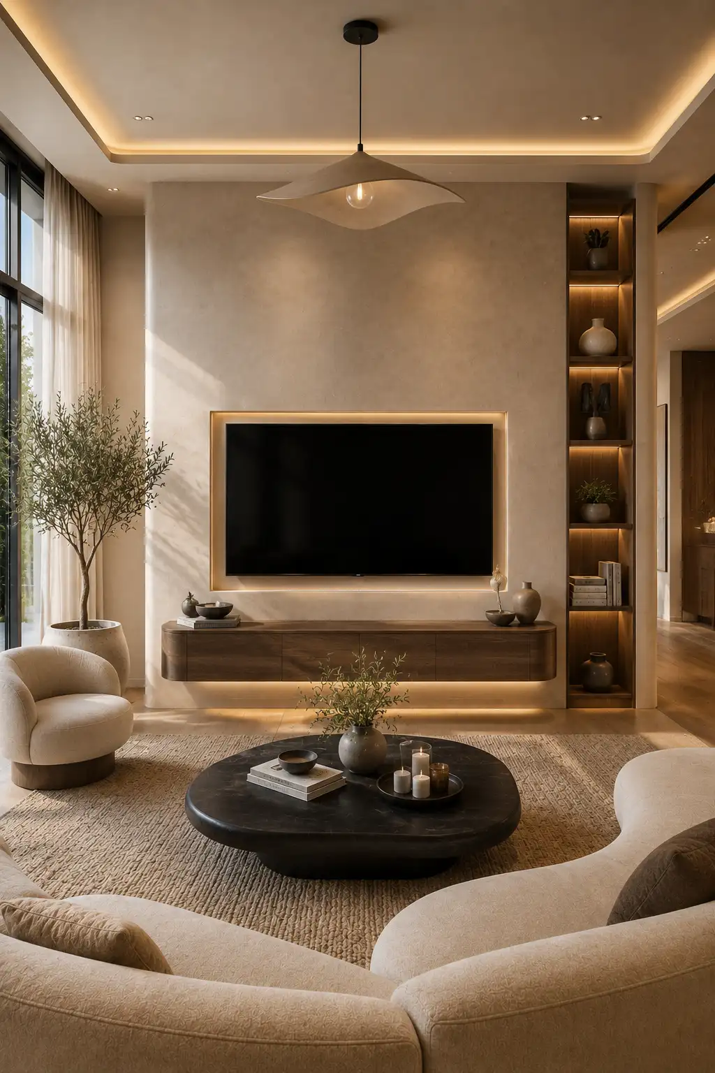 Modern textured microcement TV wall with floating walnut cabinet, recessed LED lighting, illuminated display niche, minimalist architectural finish, luxury neutral living room décor, and a custom designer entertainment wall with elegant styling.