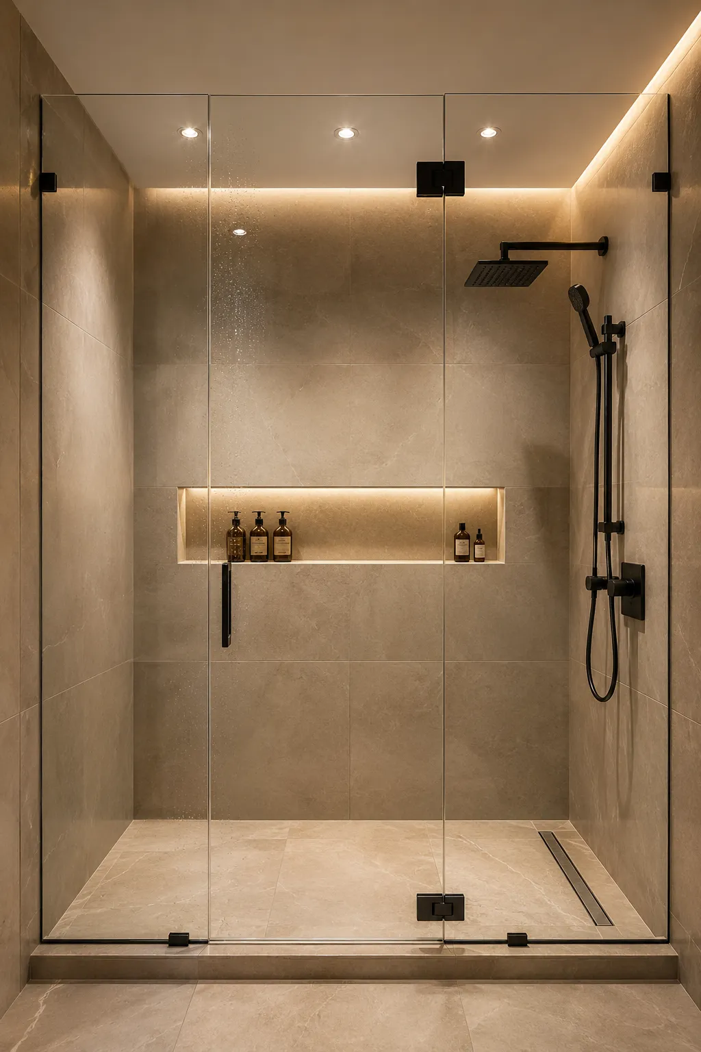 Luxury frameless glass walk in shower with matte black rainfall shower system, oversized porcelain wall tiles, illuminated shower niche, linear drain, and contemporary small bathroom shower design with a spacious modern look.