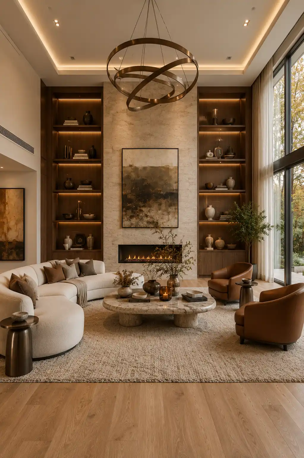 Luxury living room with a floor to ceiling stone fireplace wall, custom walnut built in shelving, curved cream sectional sofa, cognac leather chairs, sculptural stone coffee table, oversized contemporary chandelier, warm oak flooring, modern fireplace feature wall, elegant fall living room inspiration.