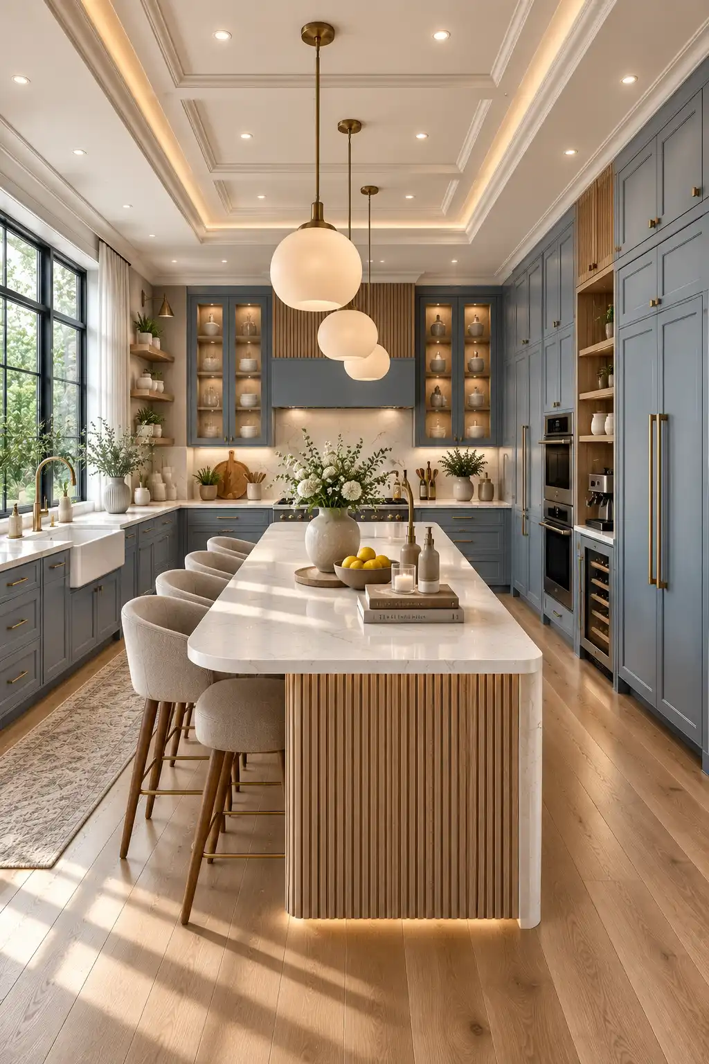 Luxury dusty blue and white oak kitchen with soft blue cabinetry, white oak accents, quartz waterfall island, brushed brass hardware, integrated appliances, hardwood flooring, oversized windows, and a bright modern kitchen color palette for 2026.