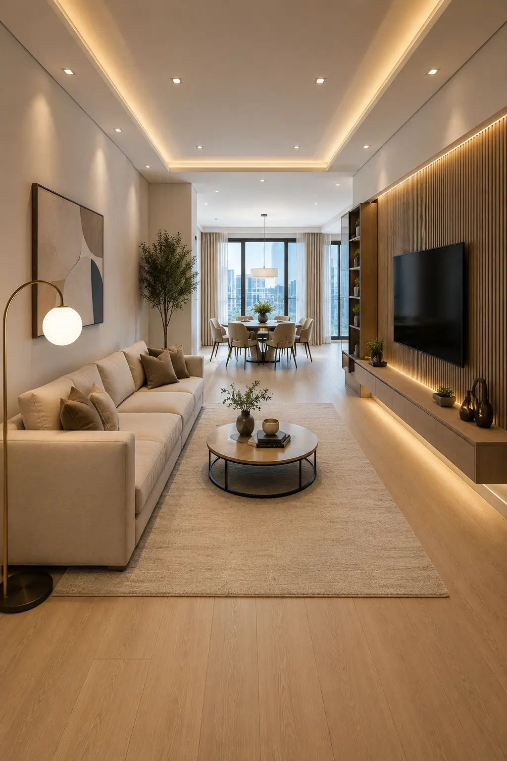 Cream sofa placed beneath large floor-to-ceiling windows in a modern small open living room featuring a round coffee table, oversized area rug, custom walnut TV wall, elegant dining area, neutral color palette, indoor greenery, luxury apartment interior, and bright open concept home design.
