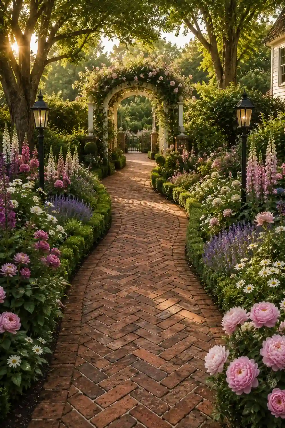 Beautiful herringbone brick garden path surrounded by blooming roses, lavender, peonies, foxgloves, mature shade trees, and a romantic flower covered arbor, creating a timeless English garden walkway with classic landscape charm.