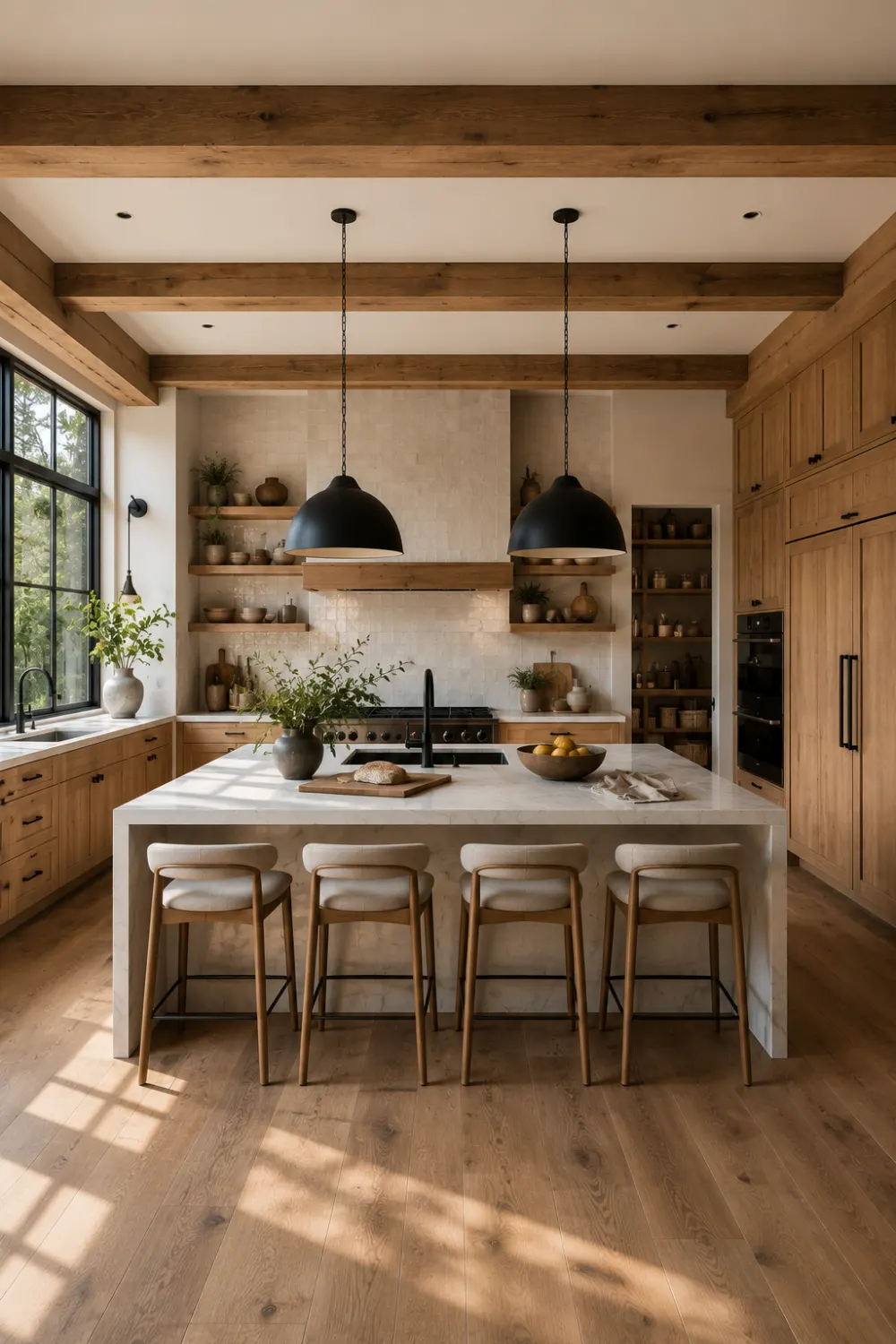 Luxury modern rustic kitchen with natural oak cabinetry, matte black cabinet hardware, waterfall white quartz island, oversized black pendant lights, black faucet, open wooden shelves, exposed wood ceiling beams, upholstered bar stools, large black framed windows, and warm natural sunlight creating a timeless designer kitchen.