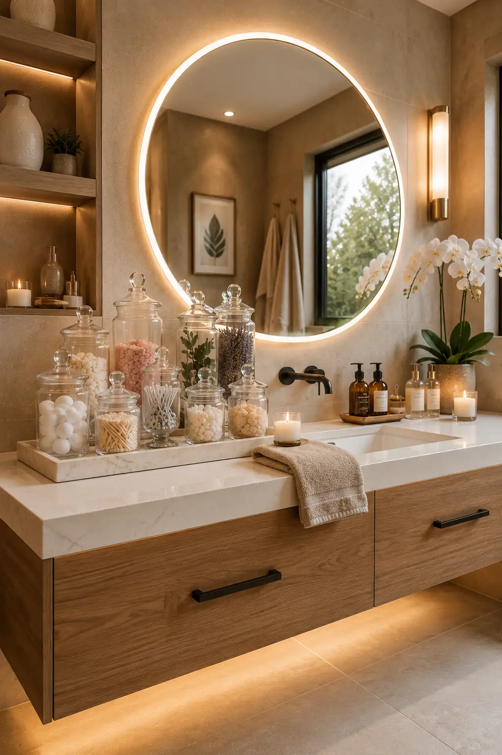 Luxury guest bathroom vanity styled with glass apothecary jars filled with cotton balls, bath salts, cotton swabs, decorative soaps, scented candles, orchids, and modern spa inspired bathroom accessories.