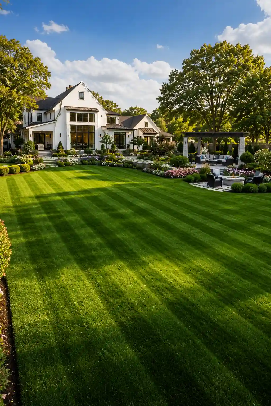 Luxury backyard featuring a perfectly maintained emerald green lawn with professional mowing stripes, colorful flower gardens, mature shade trees, elegant landscaping, and seasonal lawn care for exceptional curb appeal.