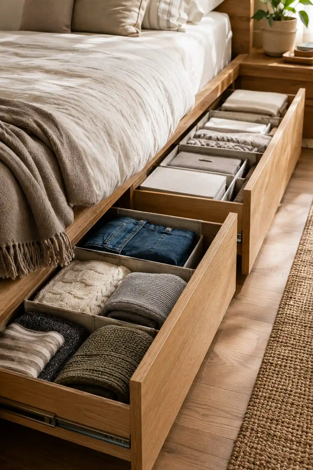 Modern platform bed with spacious under bed storage drawers holding folded clothes, extra bedding, blankets, storage bins, and seasonal essentials, providing hidden storage and smart organization for small bedrooms.