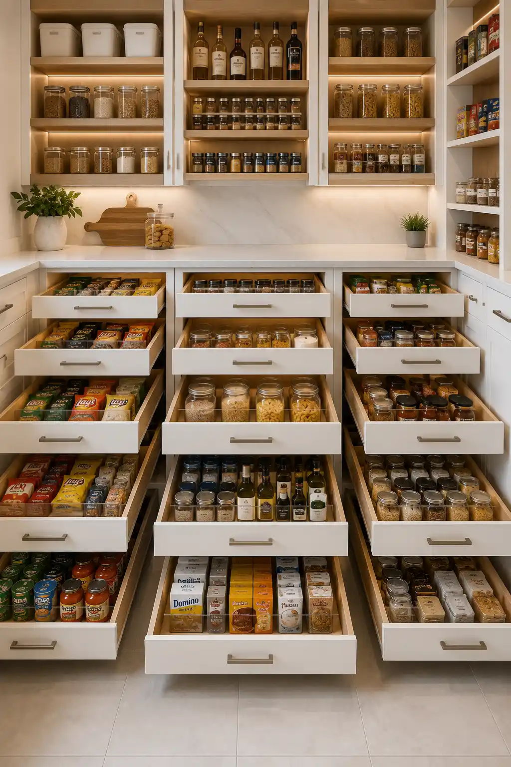 Luxury pantry featuring full extension storage drawers with neatly organized glass jars, canned goods, baking supplies, pantry essentials, natural oak interiors, white cabinetry, quartz countertops, integrated LED lighting, and elegant pantry organization ideas for maximizing kitchen storage.