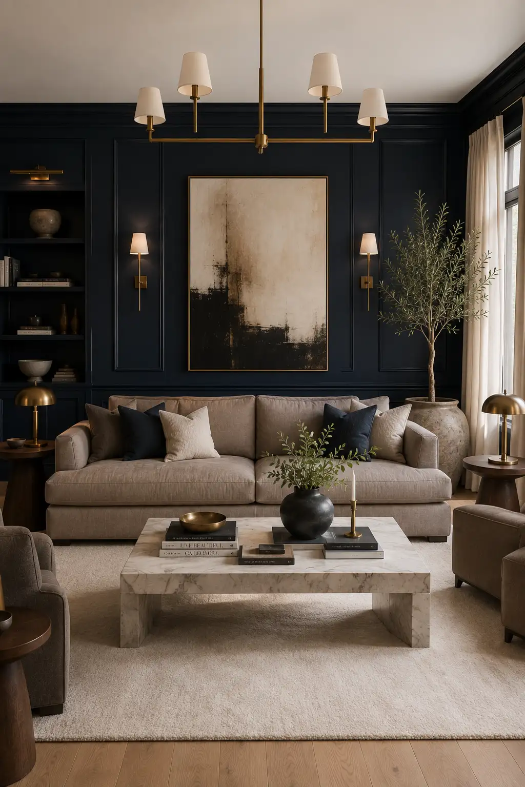 Sophisticated blue black and warm taupe living room with dramatic blue black paneled walls, warm taupe sofa, marble coffee table, brass chandelier, brass wall sconces, oversized abstract artwork, built in shelving, decorative olive tree, neutral textured rug, white linen curtains, and elegant luxury living room décor.