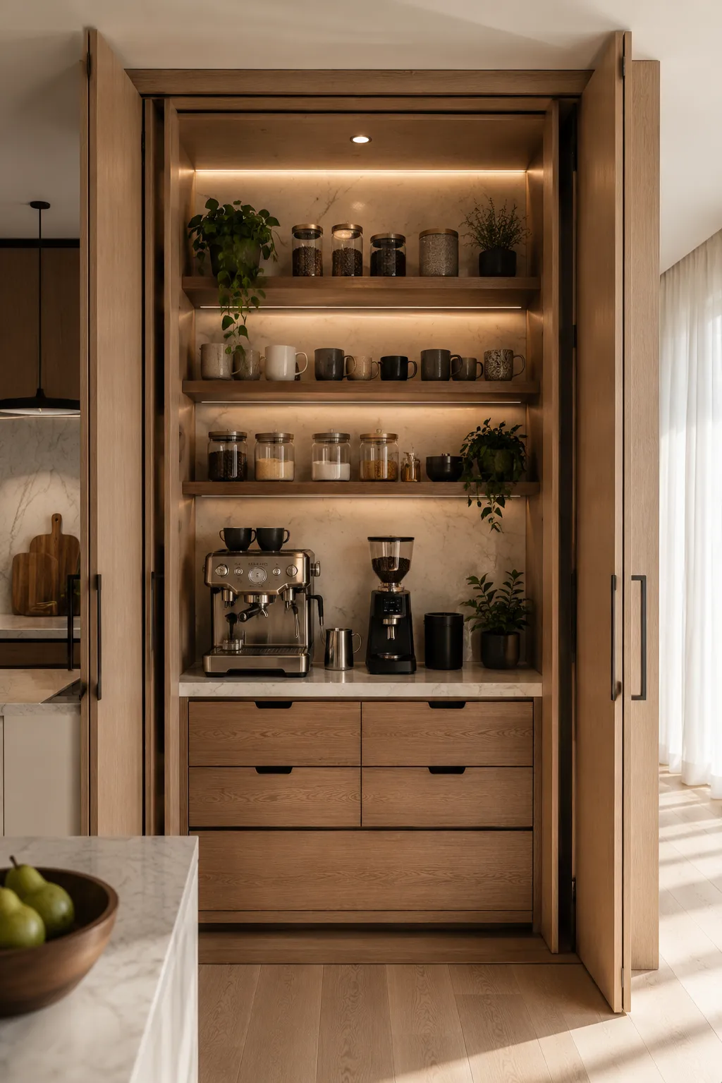 Modern hidden coffee bar behind pocket doors featuring a premium espresso machine, coffee grinder, marble backsplash, floating shelves, ceramic mugs, glass jars, warm LED lighting, white oak cabinetry, luxury beverage station, concealed kitchen storage, and elegant contemporary home design.