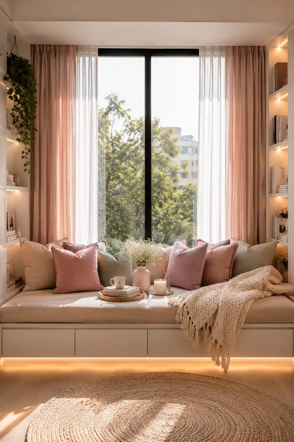 Cozy built-in window seat with plush cushions, soft throw blankets, linen curtains, hidden storage drawers, natural sunlight, and relaxing teen girl bedroom reading nook inspiration.