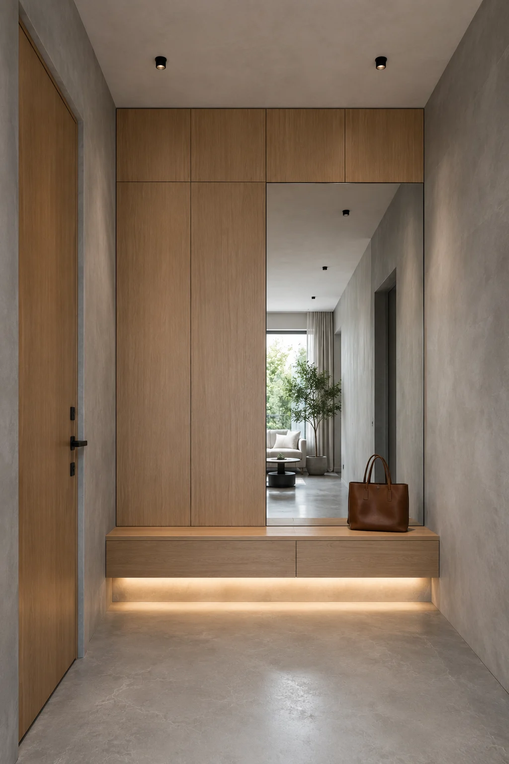 Modern entryway with warm wood feature wall, floating storage bench, concealed drawers, full height mirror, hidden built in cabinetry, soft LED lighting, microcement walls, and a luxury minimalist entrance for small homes.