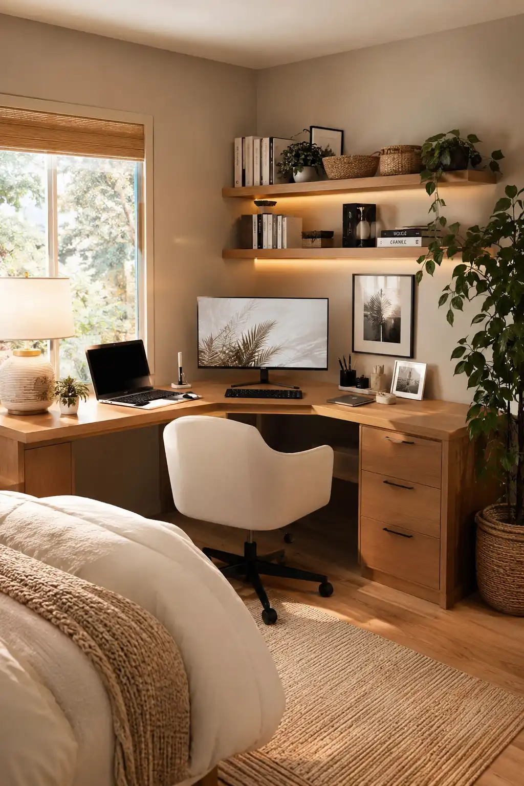 Smart small home office ideas featuring an L shaped wooden desk in a bedroom corner, floating shelves, drawer storage, indoor plants, desktop monitor, cozy workspace, compact home office layout, multifunctional room design, productivity office inspiration.