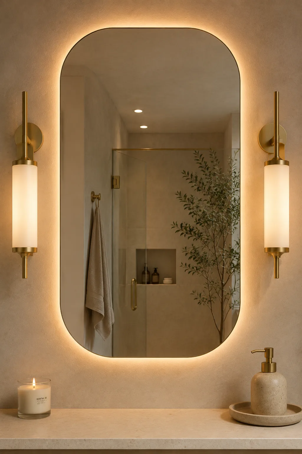 Modern bathroom vanity with warm brass wall sconces, illuminated backlit mirror, ceramic soap dispenser, scented candle, neutral accessories, luxury bathroom lighting design, elegant vanity makeover, contemporary small bathroom inspiration.