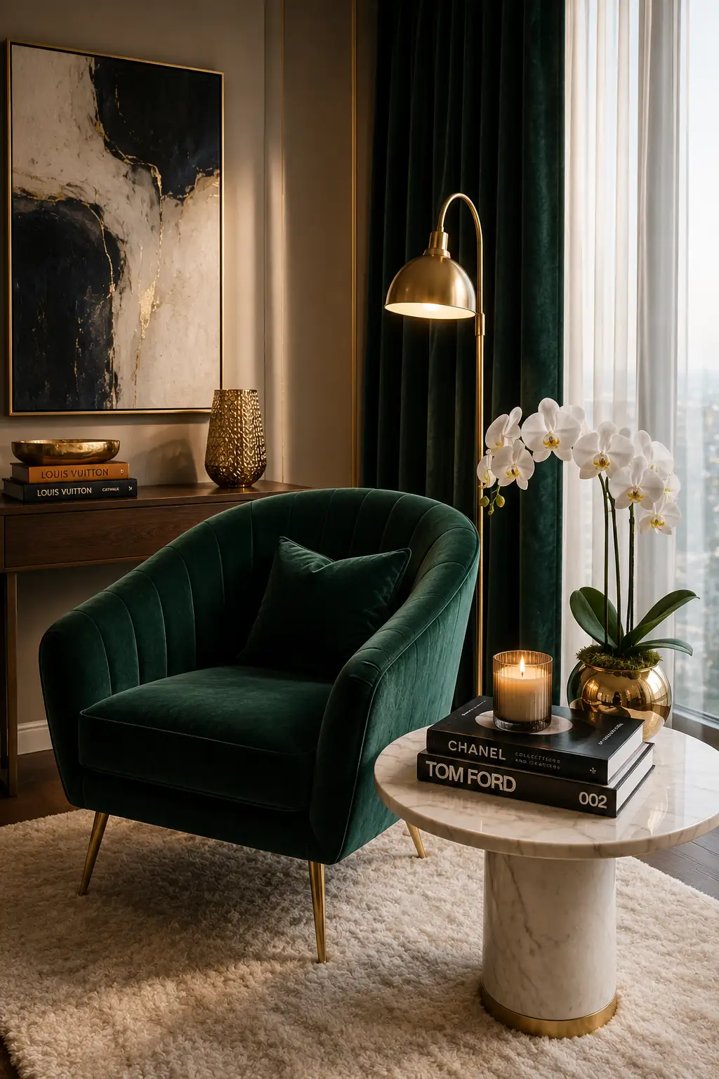 Luxury emerald velvet reading chair with gold legs, marble side table, brass floor lamp, white orchids, designer decor, and elegant modern reading nook with rich contemporary styling.