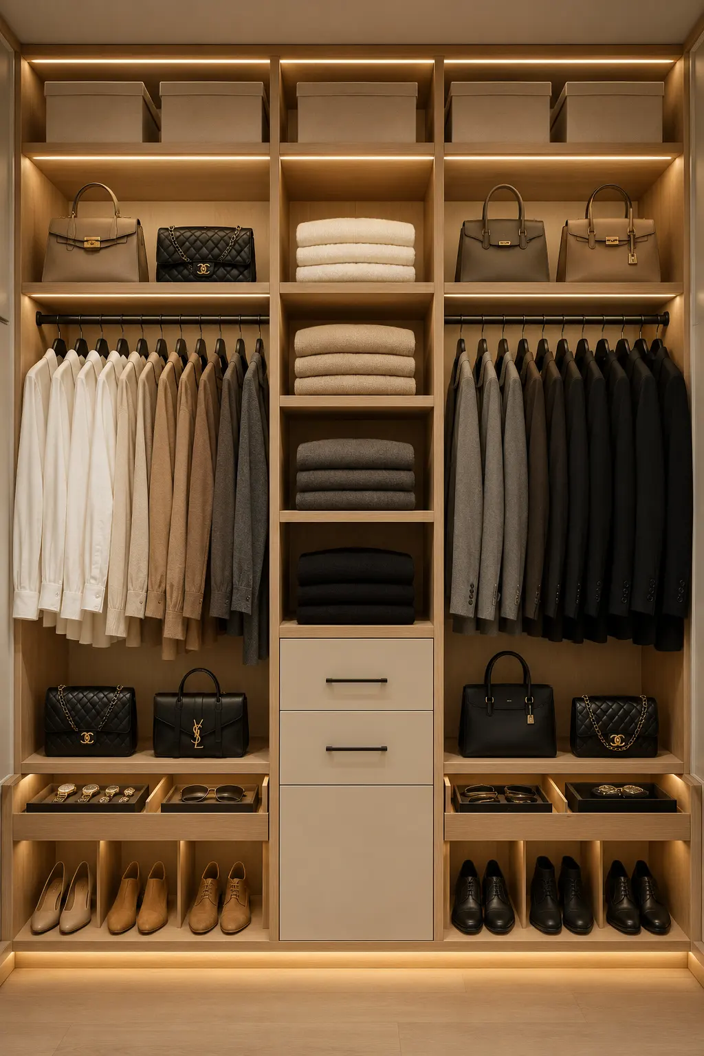 Luxury custom closet with color coordinated capsule wardrobe featuring matching velvet hangers, folded sweaters, organized handbags, premium shelving, warm LED lighting, neutral cabinetry, minimalist clothing layout, and stylish small closet organization ideas for an organized wardrobe.