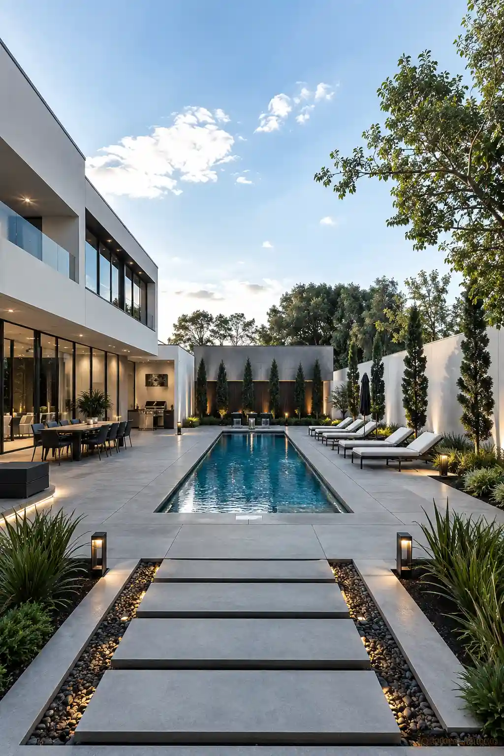 Minimalist backyard pool with floating concrete stepping stones, oversized porcelain pavers, contemporary white home, premium outdoor dining area, architectural pathway lighting, landscaped privacy hedges, and modern luxury pool design with clean lines.