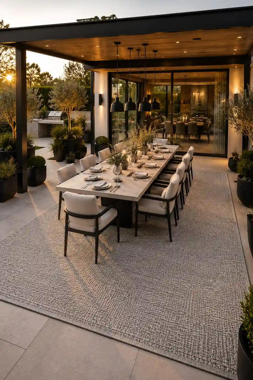 Luxury outdoor dining patio featuring an oversized woven outdoor rug beneath a large stone dining table with upholstered chairs, modern black pergola, pendant lighting, decorative table setting, oversized planters, porcelain flooring, and a stylish covered outdoor dining space for entertaining guests.