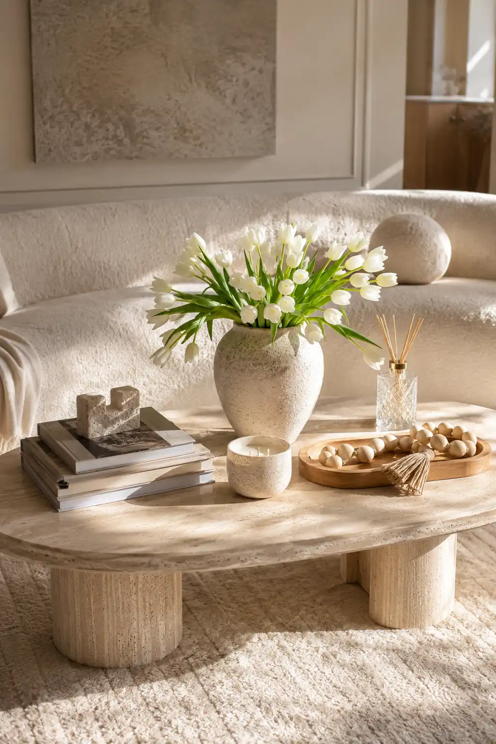 Luxury travertine coffee table styled with fresh white tulips in a ceramic vase, designer coffee table books, sculptural candle, decorative tray, and natural wood accents in a bright spring living room with neutral decor.