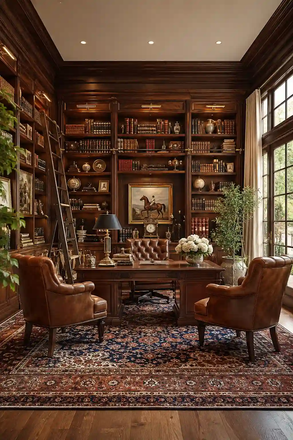 Grand Ralph Lauren home library with floor to ceiling walnut bookshelves, rolling library ladder, executive wood desk, leather office chairs, Persian area rug, equestrian artwork, brass library lighting, decorative globes, luxury books, hardwood flooring, and timeless traditional study room inspiration.