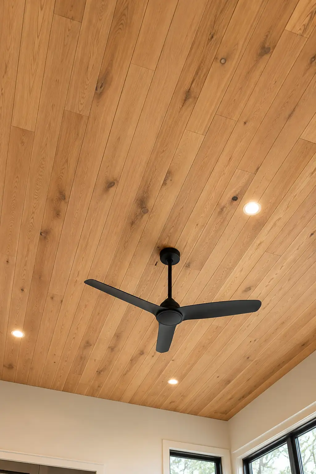 Natural oak shiplap ceiling with modern matte black ceiling fan, warm wood grain ceiling planks, recessed lighting, contemporary minimalist interior, luxury wood ceiling design, elegant natural timber finish, cozy modern home inspiration, premium wooden shiplap ceiling ideas for living spaces