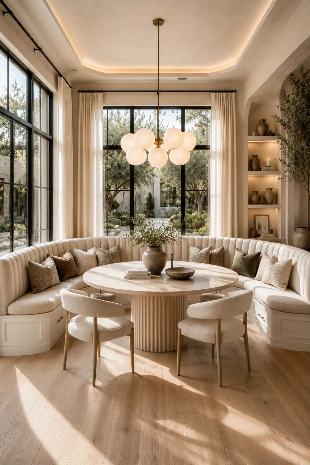 Curved upholstered banquette seating with channel tufted backrest, round fluted dining table, globe chandelier, luxury dining nook, custom built in bench, elegant breakfast nook, modern dining room ideas, designer banquette seating inspiration, high end dining space.