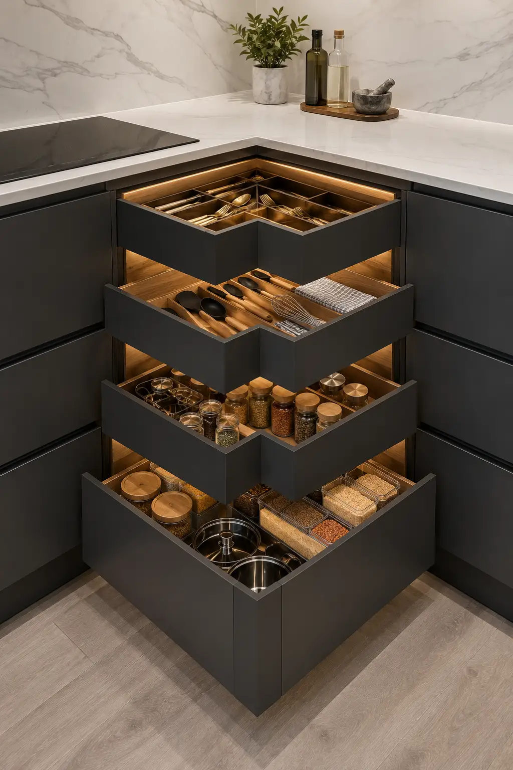 Luxury corner drawer kitchen cabinet system with multiple angled drawers storing utensils, cutlery, spices, cookware, pantry containers, mixing bowls, kitchen linens, and cooking accessories. Modern handleless cabinetry with custom drawer organization designed to maximize kitchen corner storage.