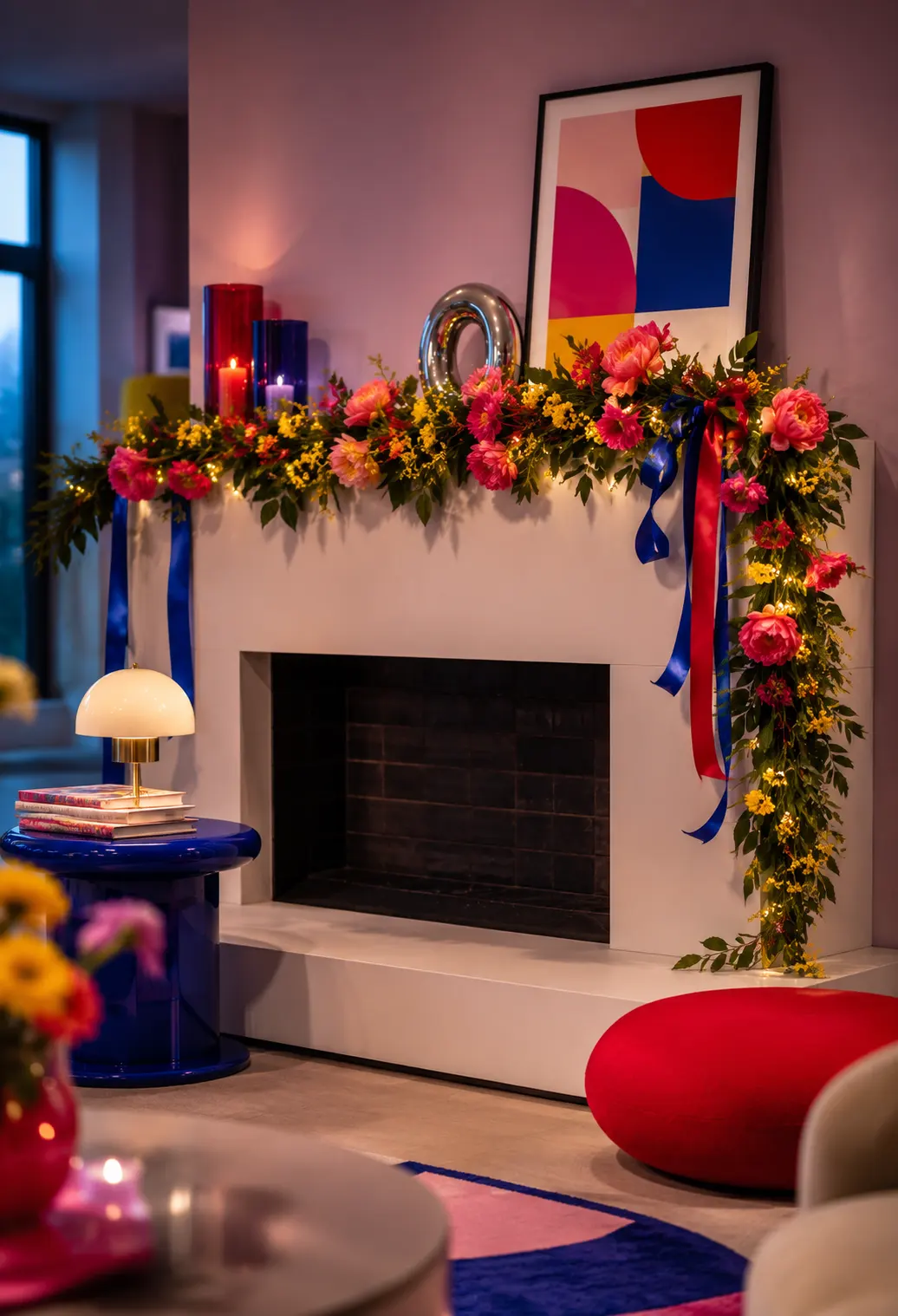 Modern white fireplace decorated with a cascading seasonal garland of bright pink, coral, red, and yellow flowers, fresh greenery, warm fairy lights, colorful ribbons, glass candles, abstract artwork, and bold contemporary living room accents.