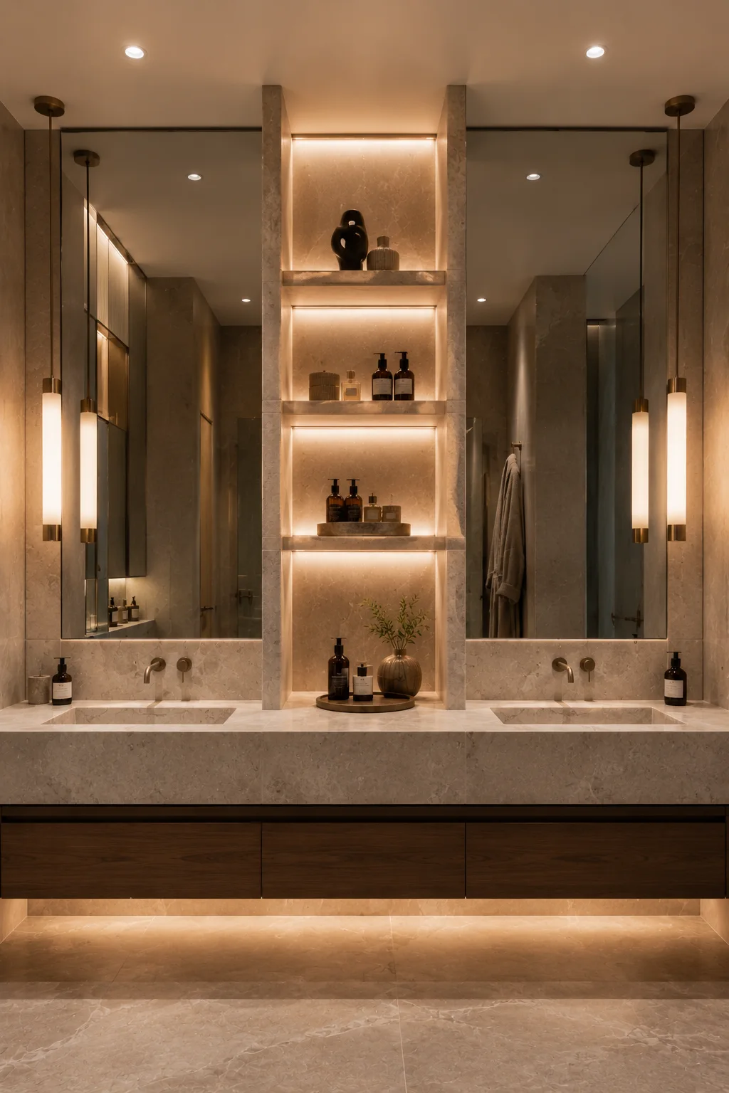 Luxury double vanity bathroom featuring a central bridge shelf tower with illuminated stone niches, perfume bottles, skincare products, decorative vessels, large mirrors, and elegant bathroom storage.
